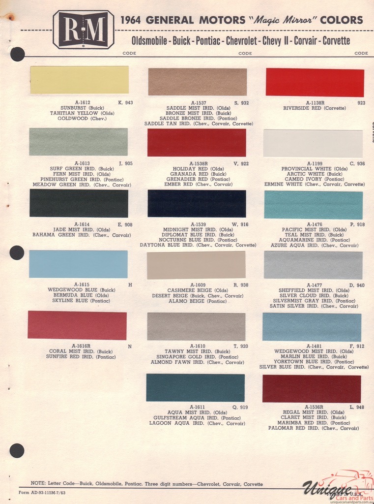 1964 General Motors Paint Charts RM 1